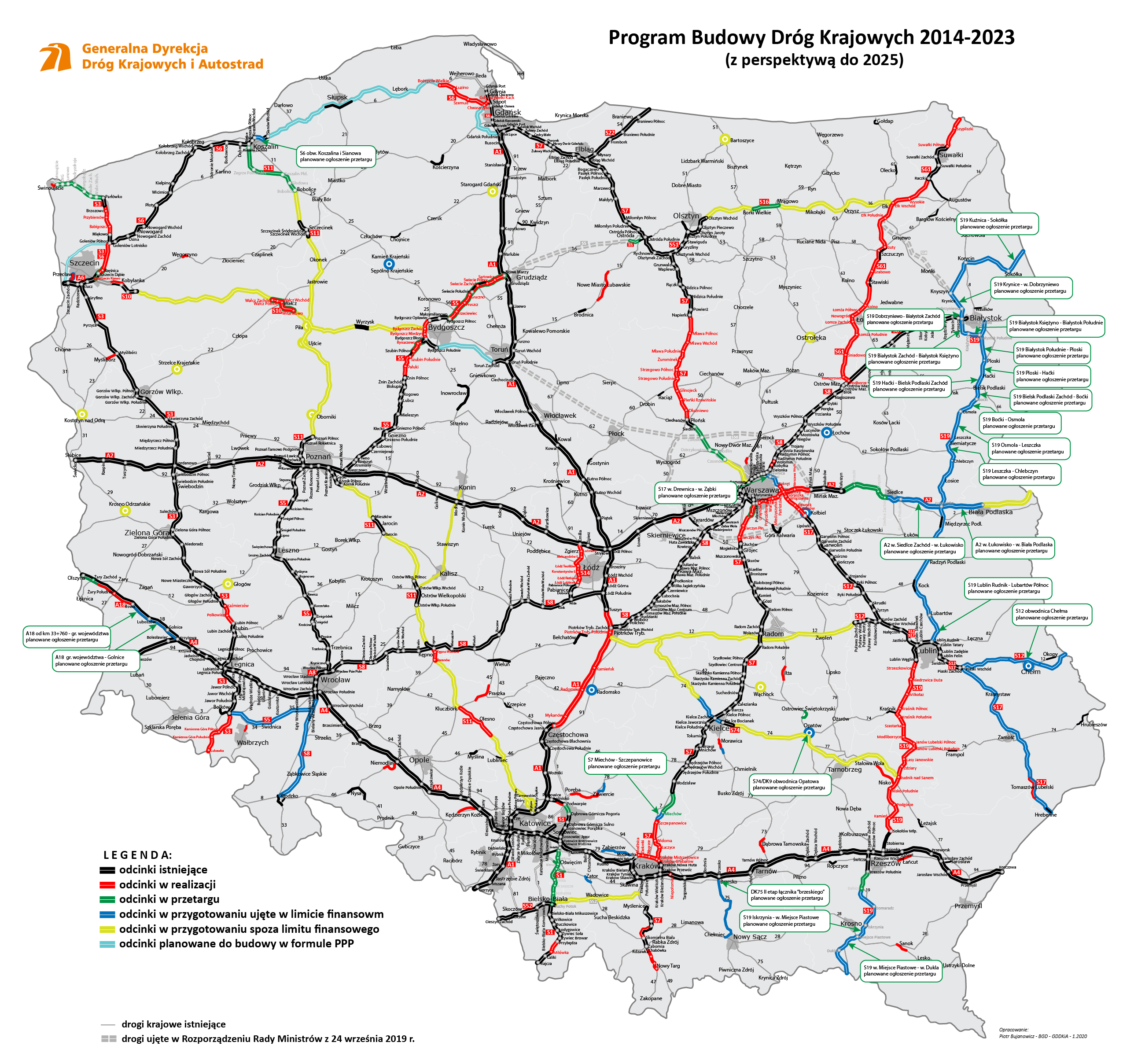 Mapa Polski z planowanymi przez GDDKiA przetargami w 2020 roku